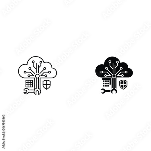 Cloud computing and data security with wrench and shield icons cloud storage data protecti