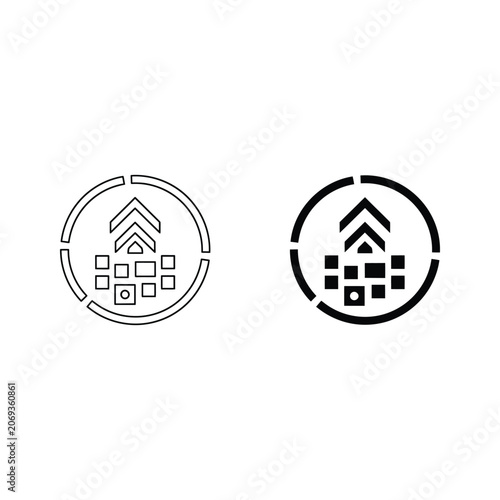 Two circular icons with a house and squares inside real estate dwelling place property