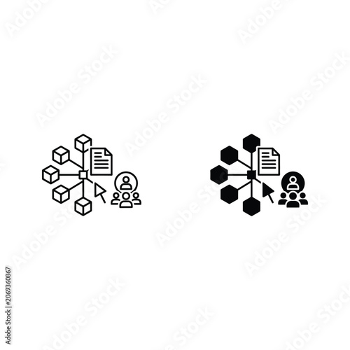 Illustration of a person surrounded by cubes and documents with a magnifying glass, analysis