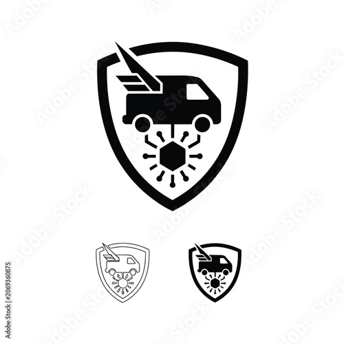 Black and white shield logo with a truck and a gear symbol transport industry protection