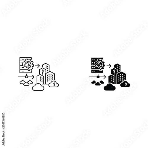 Data flow between cloud and buildings with security icons buildings security transfer