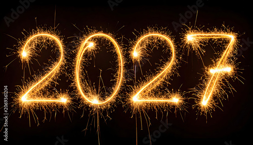 Sparkler writing 2027 on black background, celebration new year concept