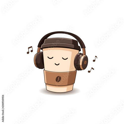 Vector animation of coffee cup wearing headphones, coffee listening to music