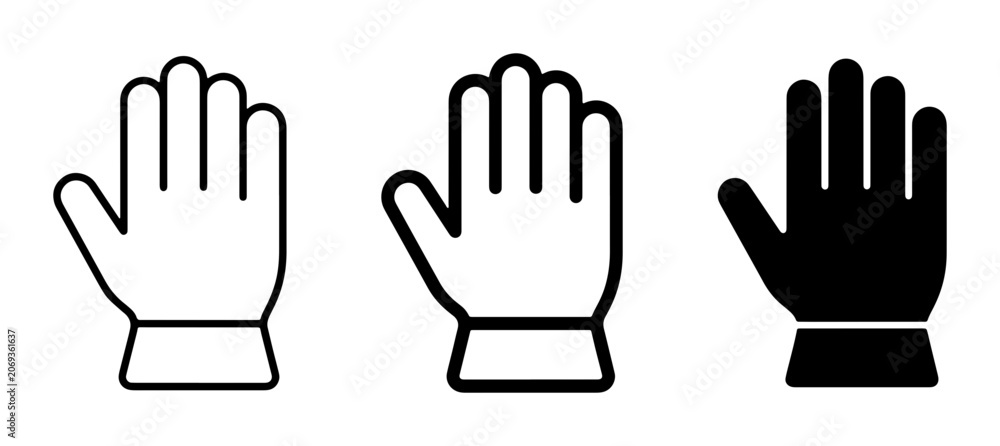 Fototapeta premium Glove Icons Set: Outline, Filled Outline, and Solid Black Vector Graphics for Protection and Safety Concepts