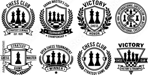 Chess club emblem. Chess game, chess tournament logo, king, queen, bishop and rook chess pieces silhouettes. Tactical game emblems vector illustration set. Victory badges with wreath and shield