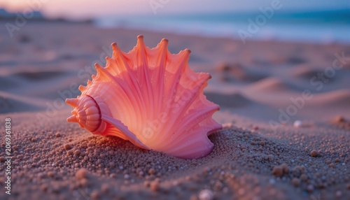 Pink seashell resting on soft beach at sunset