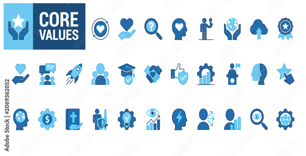 Fototapeta premium Set of blue business core values icons representing corporate culture and company mission