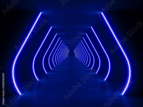 Blue modern lighting tunnel space, 3d rendering sci-fi concept