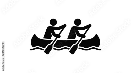 Tableau sur toile Two People Paddling A Canoe On Water Black Silhouette