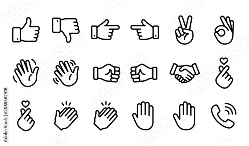 Hand gesture line icon set with editable stroke isolated on white background