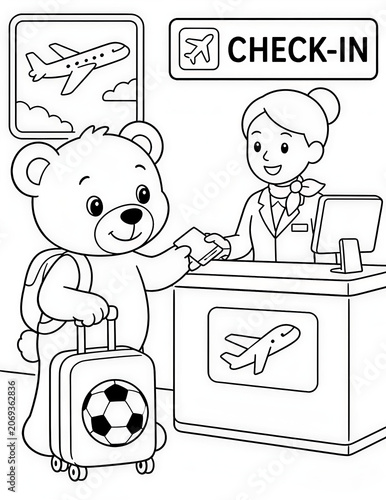 Cute Teddy Bear traveling for soccer world tour Soccer Coloring Page for Kids Black and White Cartoon Illustration	