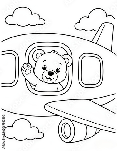 Cute Teddy Bear waving from airplane soccer world tour Soccer Coloring Page for Kids Black and White Cartoon Illustration	