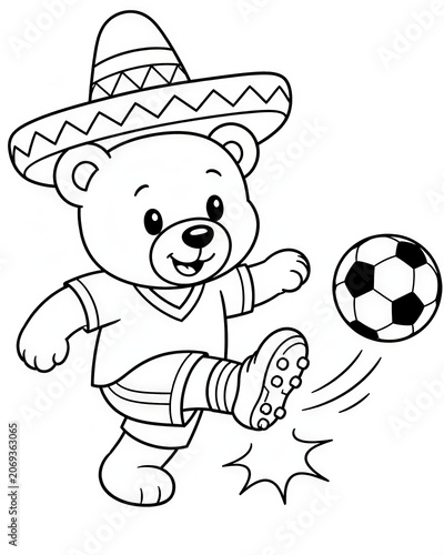 Cute Teddy Bear wearing Sombrero soccer world tour Soccer Coloring Page for Kids Black and White Cartoon Illustration	