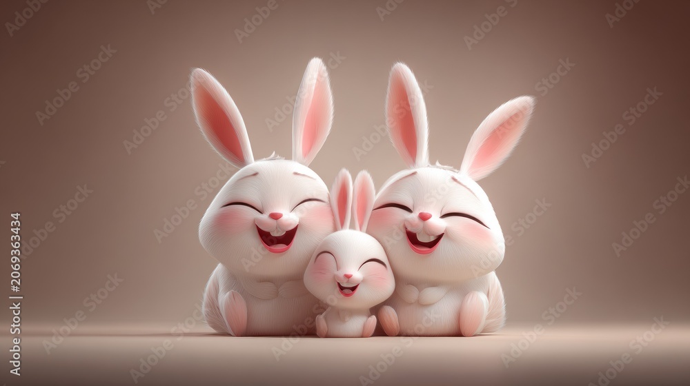 Fototapeta premium Three cheerful, stylized rabbits form a small family group against a soft background