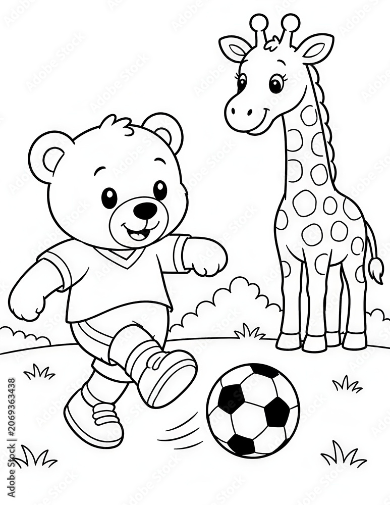 Naklejka premium Cute Teddy Bear Africa Giraffe soccer world tour Soccer Coloring Page for Kids Black and White Cartoon Illustration