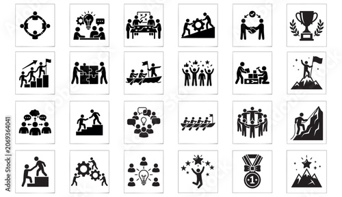 Teamwork and Collaboration solid icon set. Contains symbols for business partnership, strategy, success, and management. Flat vector design for corporate presentations and workflow.