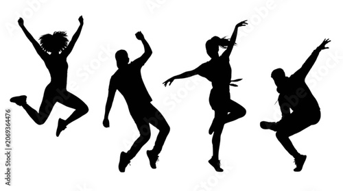 Vászonkép Four people joyfully dancing mid-air isolated on transparent background, Vector
