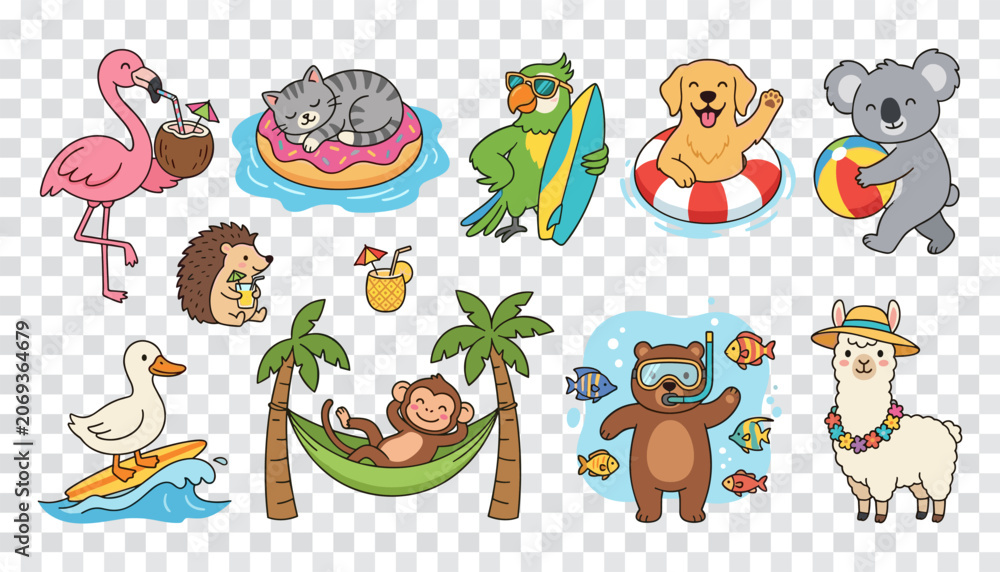 Fototapeta premium Summer Animals Beach Vacation Set Cute Cartoon Characters Flamingo Dog Surfing Swimming Vector Illustration