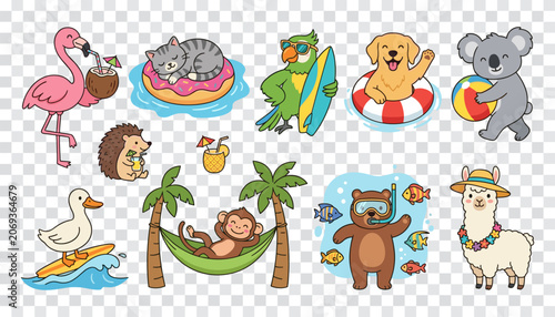 Photography Summer Animals Beach Vacation Set Cute Cartoon Characters Flamingo Dog Surfing S