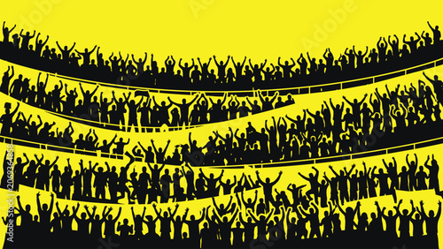 Crowd, cheering crowd, stadium crowd, yellow background, black silhouettes, vector illustration