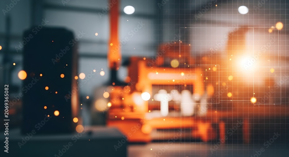Fototapeta premium Industrial manufacturing factory interior with blurred heavy machinery, glowing sparks, and digital grid overlay representing smart technology