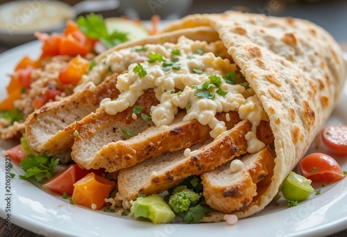 Premium food photography of chicken shawarma plate, sliced juicy chicken meat, fresh vegetables, pita bread, creamy garlic sauce, hummus, fresh herbs, colorful street food presentation.