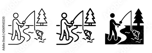Fotografia Fishing Icons Set, River Angler Silhouette, Outdoor Recreation, Nature Scene, Sp