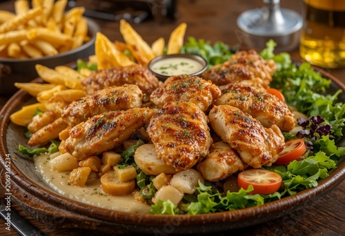 Gourmet chicken shawarma plate served on ceramic dish, golden roasted chicken, mixed vegetables, garlic sauce, crispy fries, fresh greens, elegant restaurant presentation.