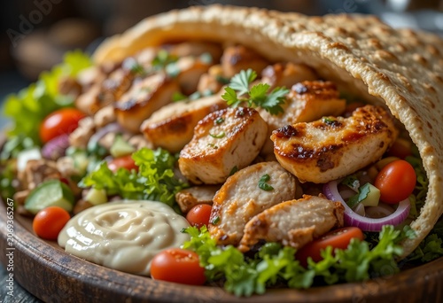 Close-up of chicken shawarma platter with grilled chicken slices, lettuce, tomatoes, cucumbers, onions, tahini sauce, fresh parsley, warm natural lighting.