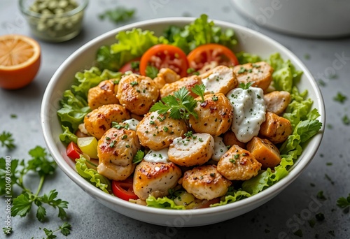 Modern street food advertisement featuring chicken shawarma bowl, tender chicken pieces, fresh vegetables, yogurt sauce, herbs.