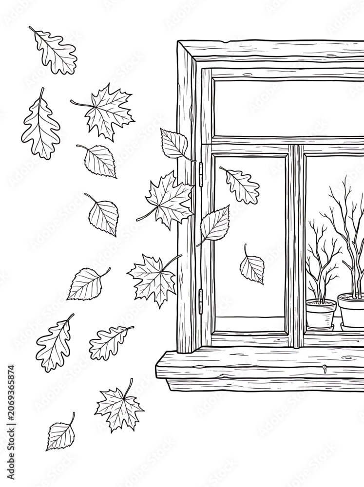 Fototapeta premium Autumn leaves falling outside a window with potted plants on the sill, coloring page for adults and children