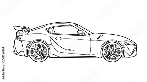 Black and white line art of a modern sports car automobile