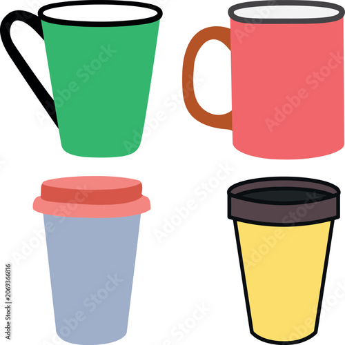 Set of four different colorful coffee mugs and tea cups vector illustration