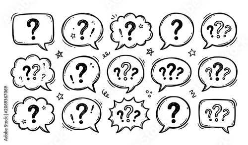 Hand Drawn Question Marks in Speech Bubbles Doodle Style Vector Collection