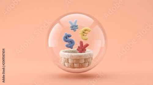 3D render of cute international currency icons in a glass sphere illustrating global financial protection and diverse investments, isolated on peach background.
