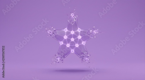 Abstract Shattered Star with Glowing Network. Digital Excellence and Transformative Technology Concept on Purple.
