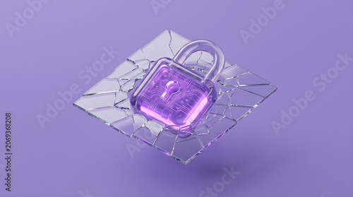 Generative 3D Padlock on Shattered Glass Symbolizing Data Breach, Cybersecurity Failure, and Digital Vulnerability.