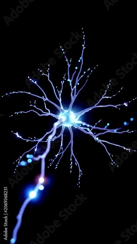 Animated brain cells moving on an empty black background, vertical video featuring glowing neurons, neural connections and scientific medical visualization