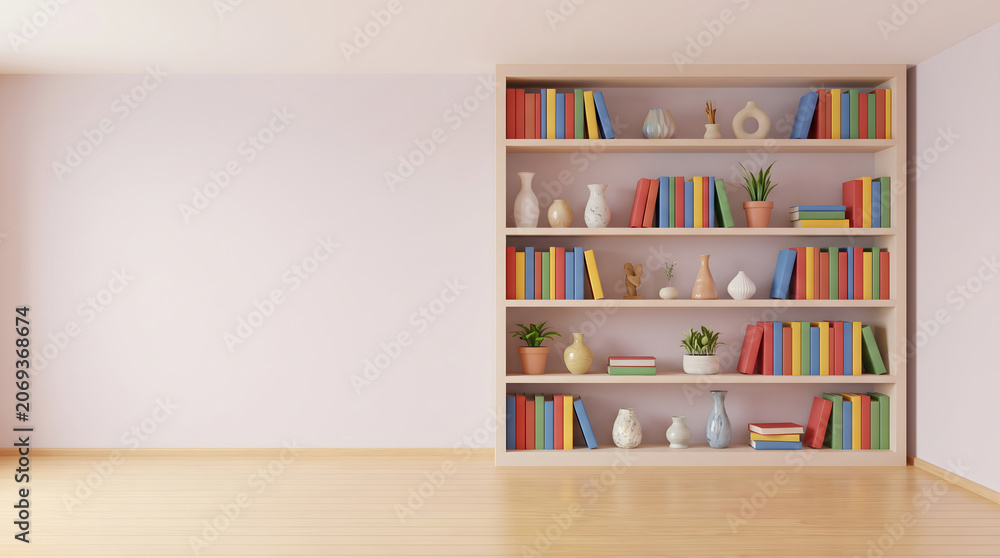 Fototapeta premium Wooden bookshelf filled with colorful books and decorative items in a minimalist interior