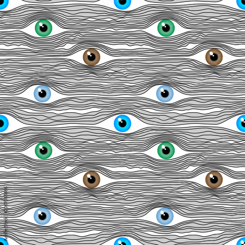 Abstract seamless pattern with eyes and flowing lines in a light tone. Vector illustration, background, wallpaper
