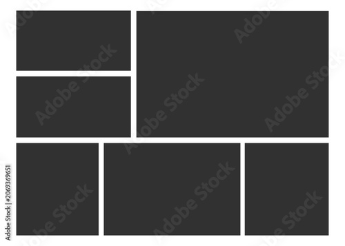 6 Empty geometric photo collage grid rectangle template shape. Modern tiles pattern mosaic for portfolio presentation. Background and photo album for wall mood board.