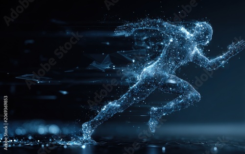 Dynamic digital athlete running created from blue particle effects and glowing light trails with abstract technology particle innovation velocity silhouette lightning cybernetic exercise