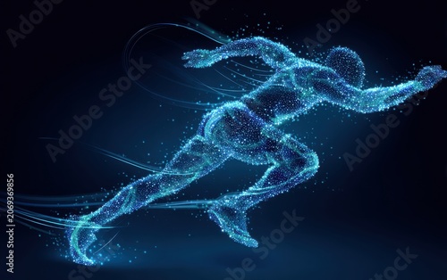 Futuristic running person silhouette formed by digital blue particles and motion blur lines with abstract technology particle innovation velocity silhouette lightning cybernetic exercise