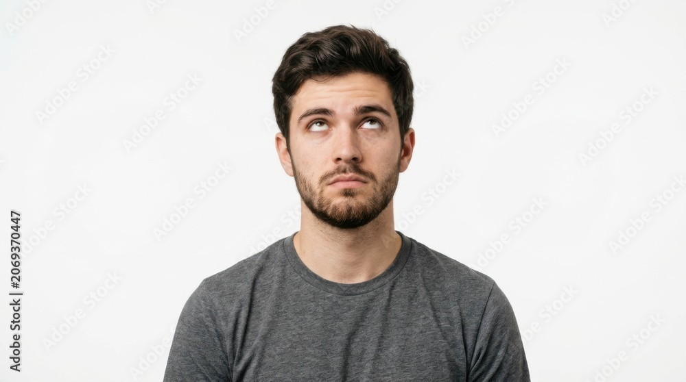 Fototapeta premium Young man looking up with surprised expression on plain background isolated on white background