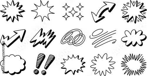 Hand drawn comic book effects collection explosions sparkles arrows and speech bubbles for graphic design