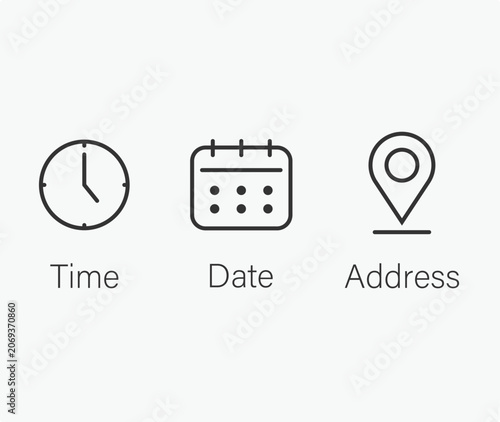 Date, time, location address icon set template	editable stroke