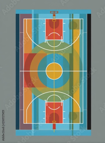 Abstract basketball court overhead diagram with layers of geometric shapes and soft pastel color tones basketball geometric abstract overhead illustration minimalist background backdrop
