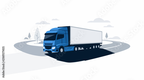 A blue semi-truck drives on a curved road