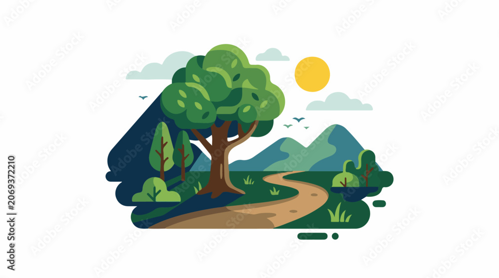 Obraz premium A serene landscape with a winding dirt path a large tree and mountains