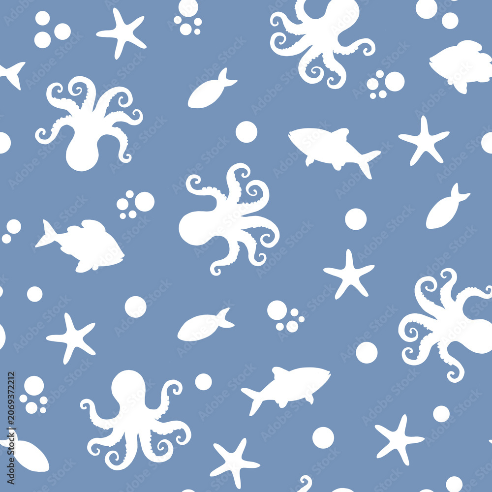 Fototapeta premium Seamless Watercolor Ocean Pattern Featuring Silhouette Fish, Starfish and Octopus